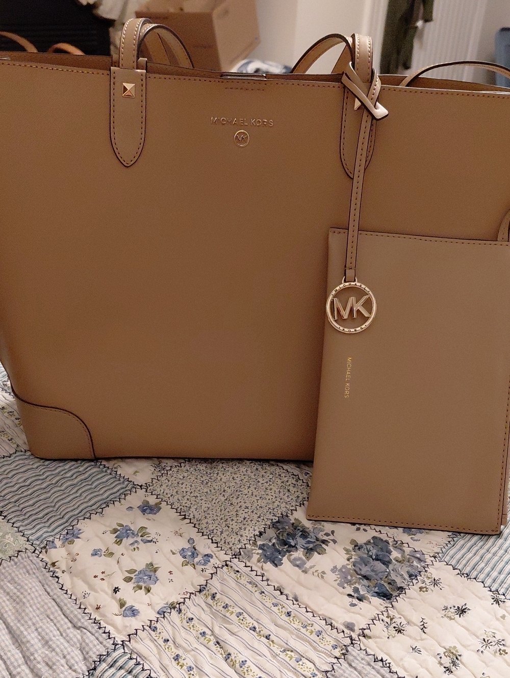 Michael Kors Beige/Tan Leather Tote with MK Charm and Pouch